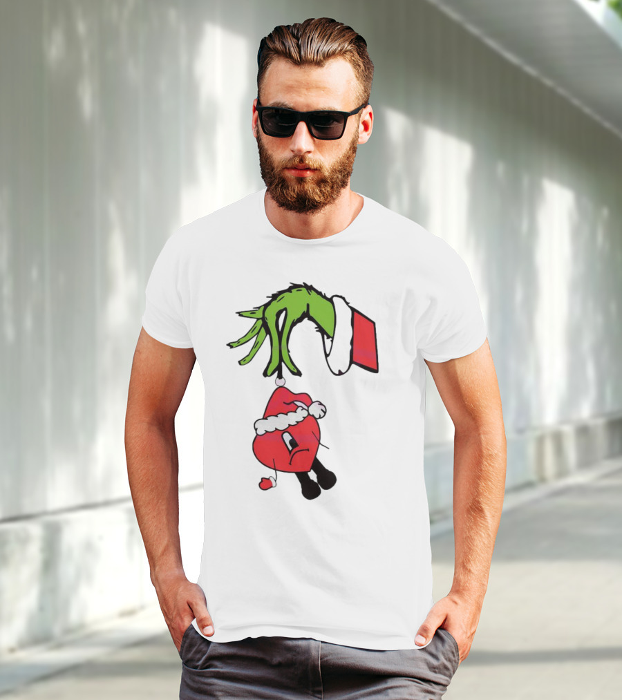 Grinch Hand Holding Santa Hat Bad Bunny Xmas T-Shirt