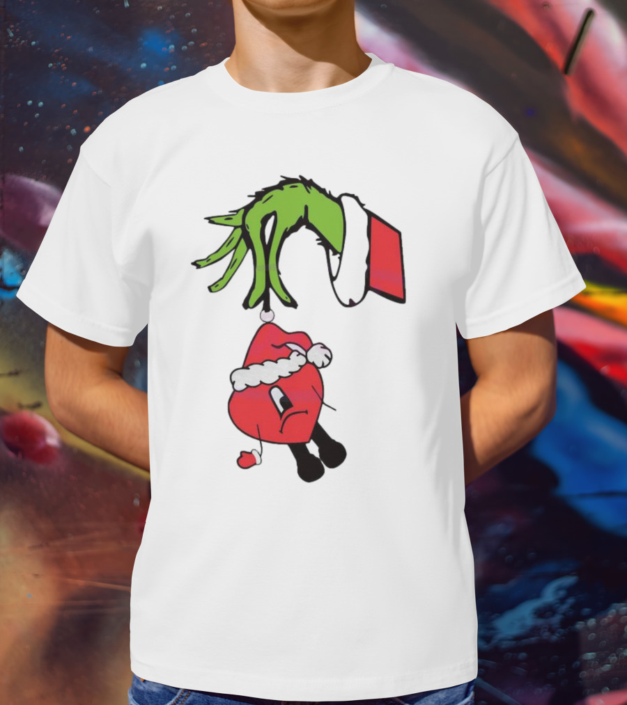 Grinch Hand Holding Santa Hat Bad Bunny Xmas T-Shirt