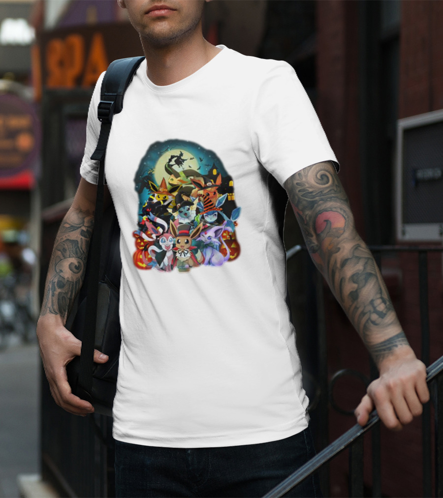 Halloween Eevee All Evolutions With Pumpkins And Witch Hat Moon Scene T-Shirt