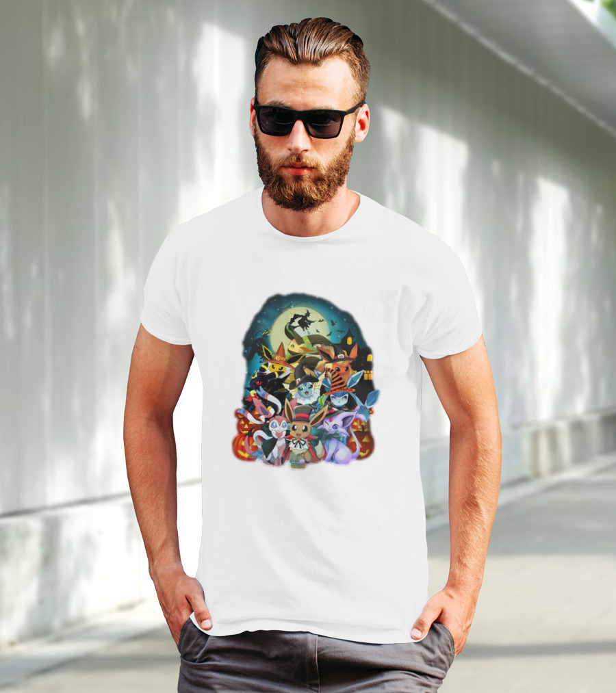 Halloween Eevee All Evolutions With Pumpkins And Witch Hat Moon Scene T-Shirt
