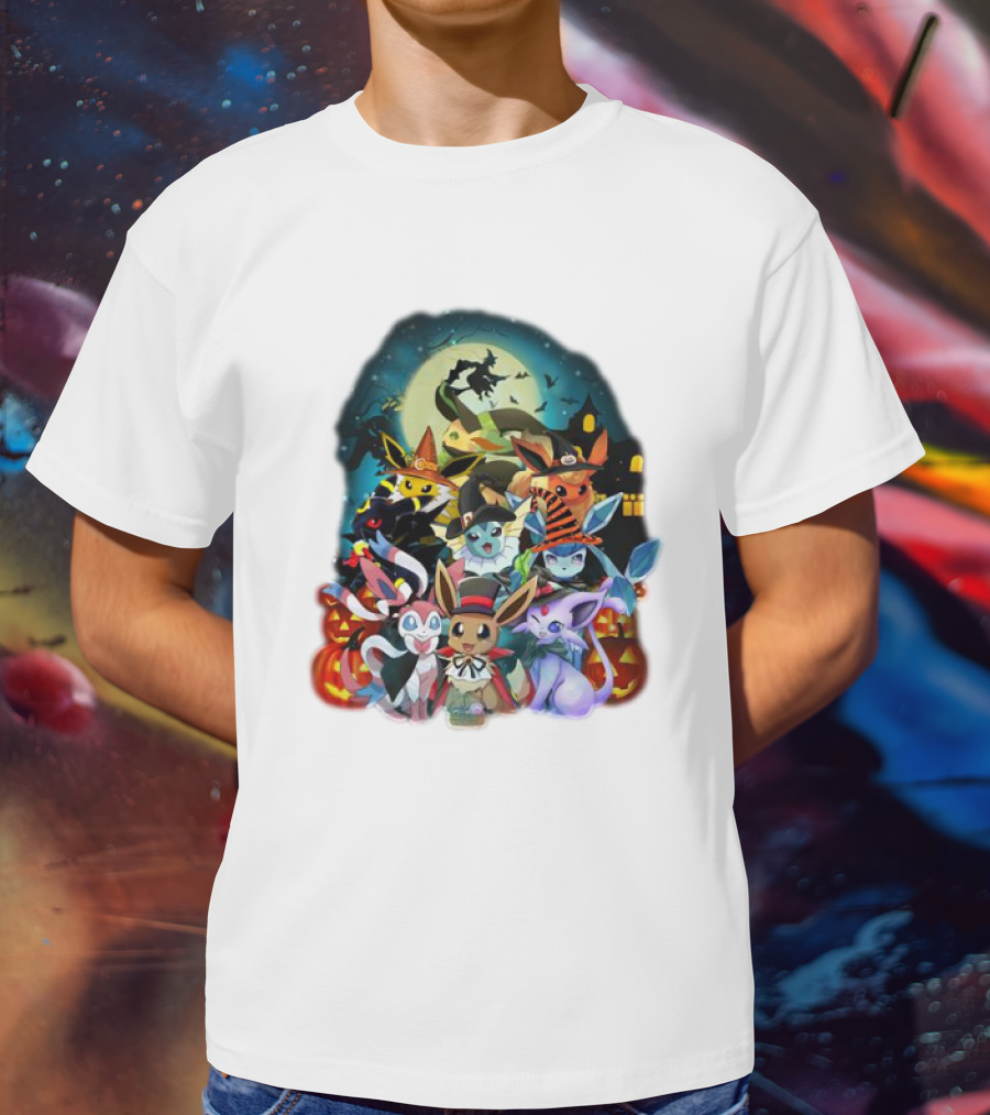 Halloween Eevee All Evolutions With Pumpkins And Witch Hat Moon Scene T-Shirt