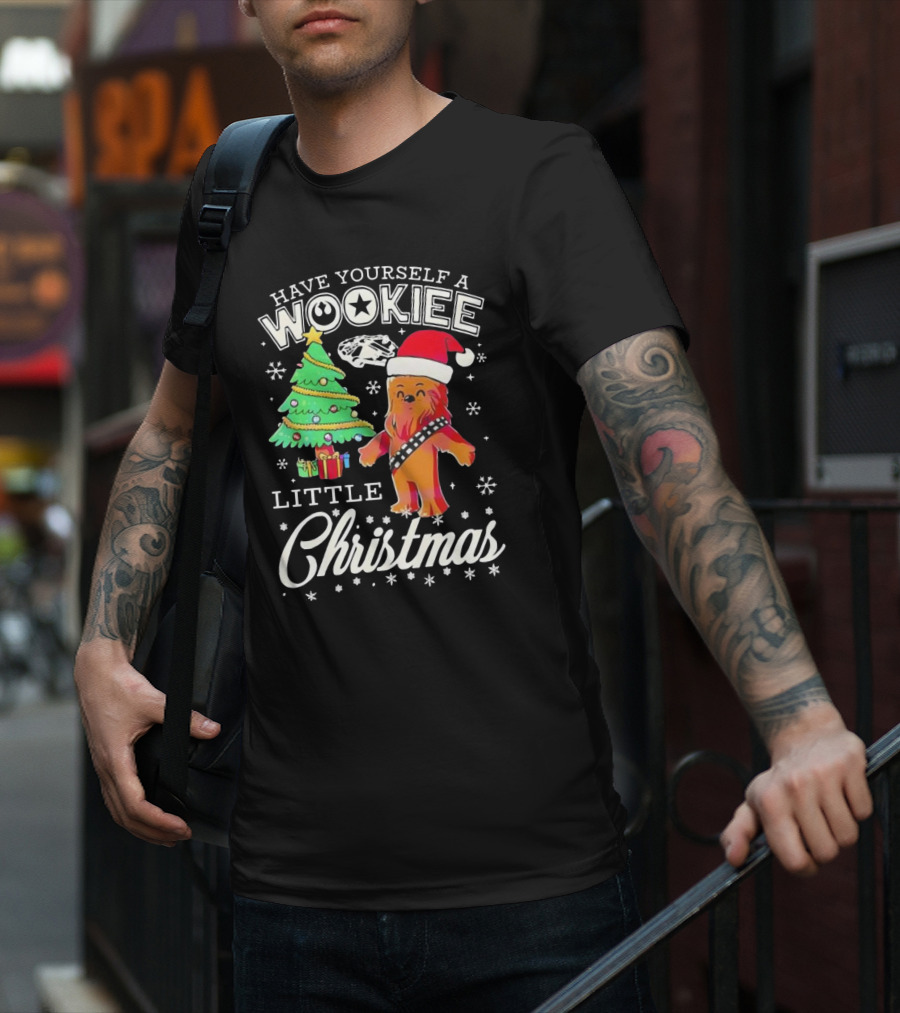 Have Yourself A Wookiee Little Christmas Tree Chewbacca Santa Hat Millennium Falcon Snowflakes T-Shirt