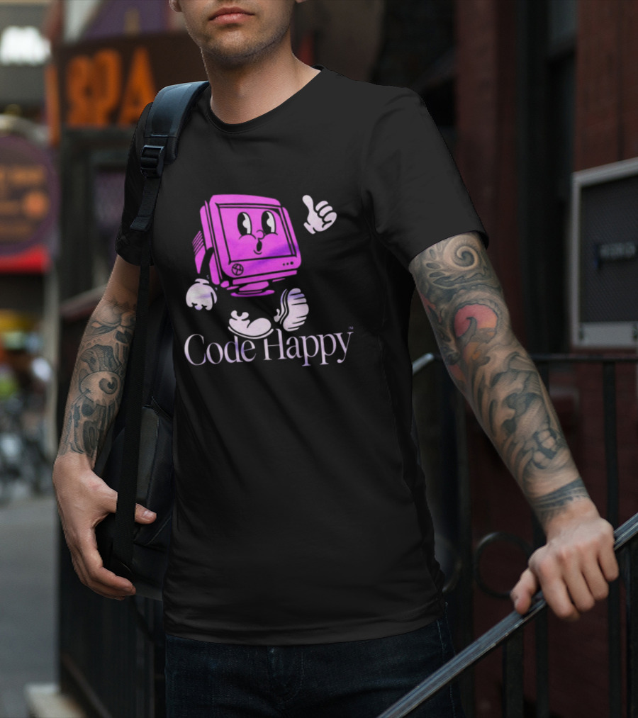 Jason Warner Poolside Code Happy Retro Computer Character T-Shirt