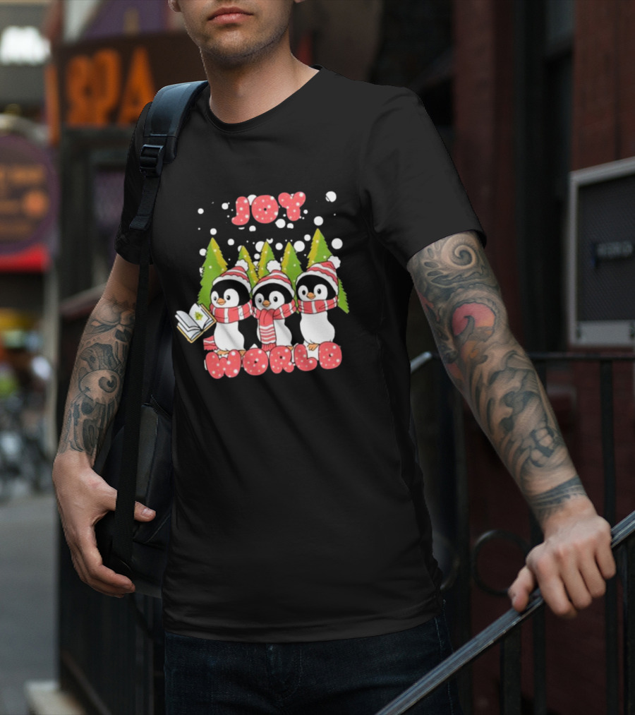 Joy World Penguins Singing With Trees And Snowflakes T-Shirt