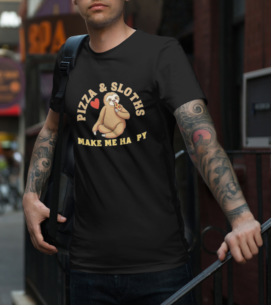 Pizza And Sloths Make Me Happy Heart Eating Slice T-Shirt