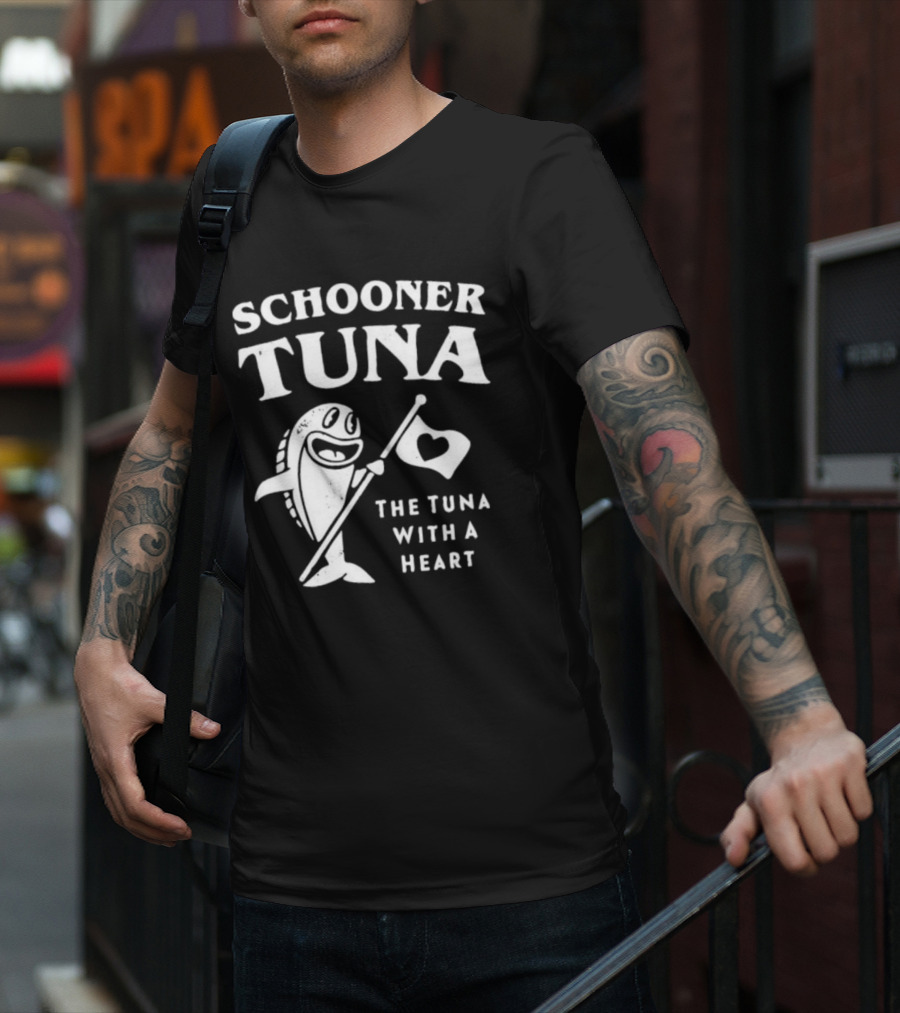 Schooner Tuna The Tuna With A Heart Cheerful Fish Holding Heart Flag T-Shirt
