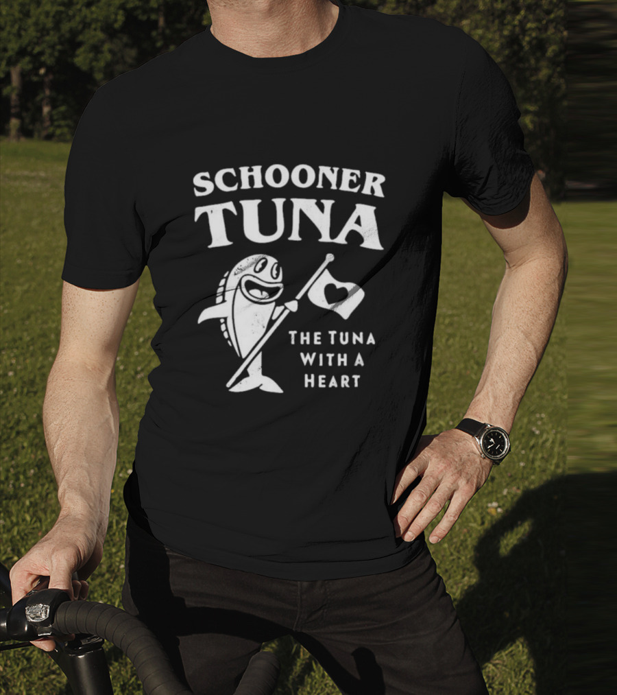 Schooner Tuna The Tuna With A Heart Cheerful Fish Holding Heart Flag T-Shirt