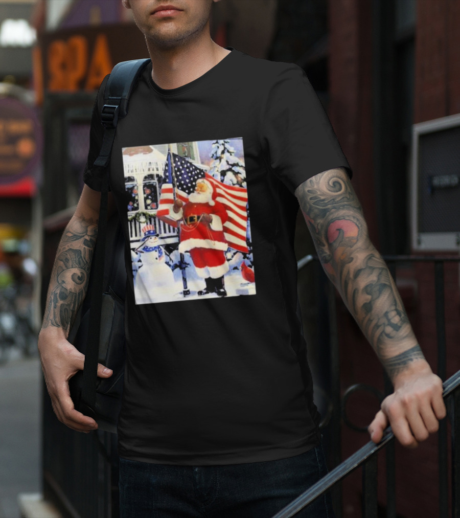 Santa Claus And Snowman With American Flag In Winter Scene T-Shirt