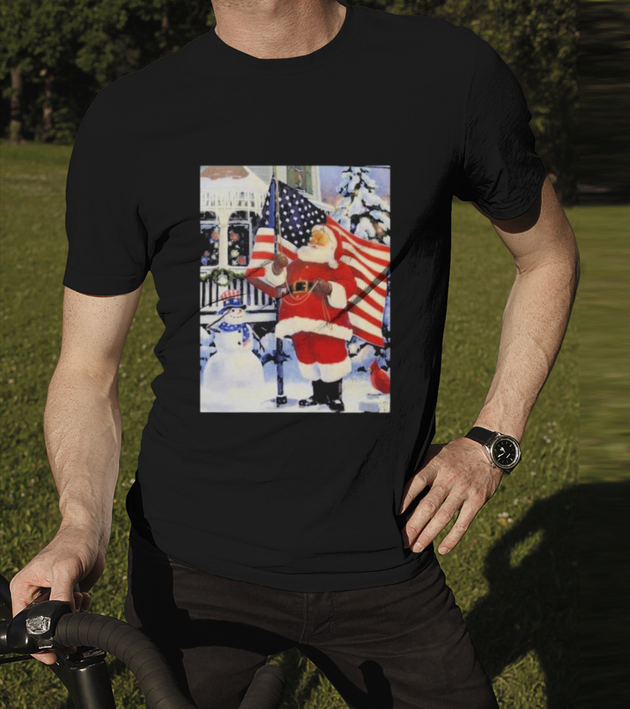 Santa Claus And Snowman With American Flag In Winter Scene T-Shirt