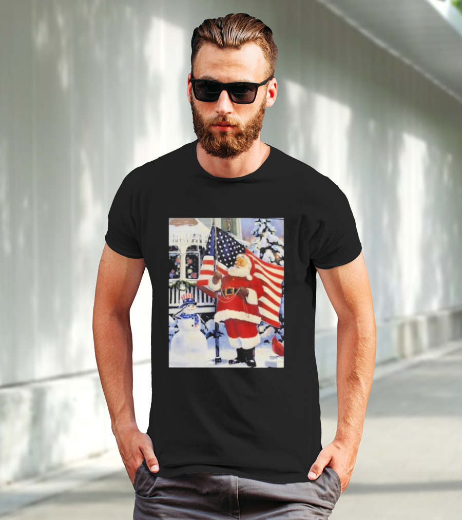 Santa Claus And Snowman With American Flag In Winter Scene T-Shirt