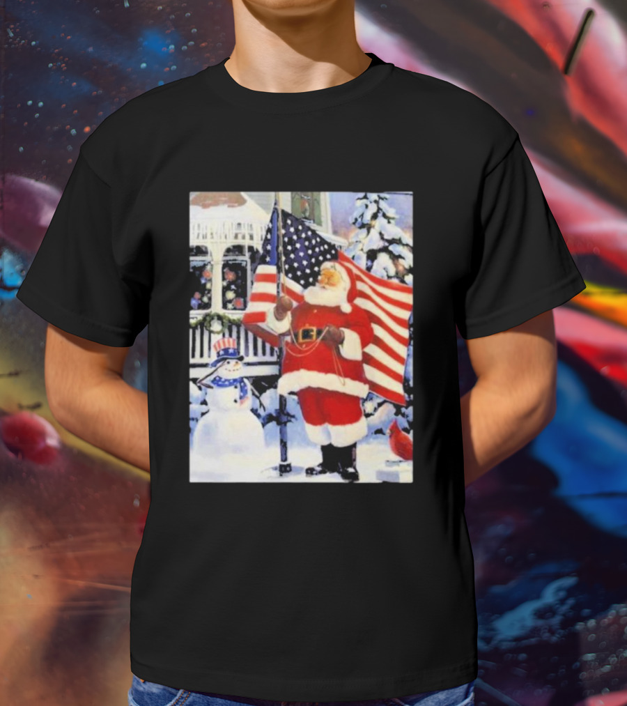 Santa Claus And Snowman With American Flag In Winter Scene T-Shirt