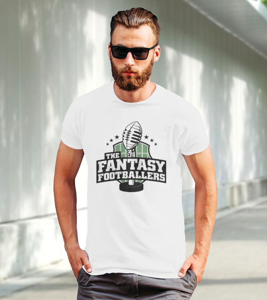 The Fantasy Footballers Podcast Microphone Logo In Green And Black With Stars T-Shirt