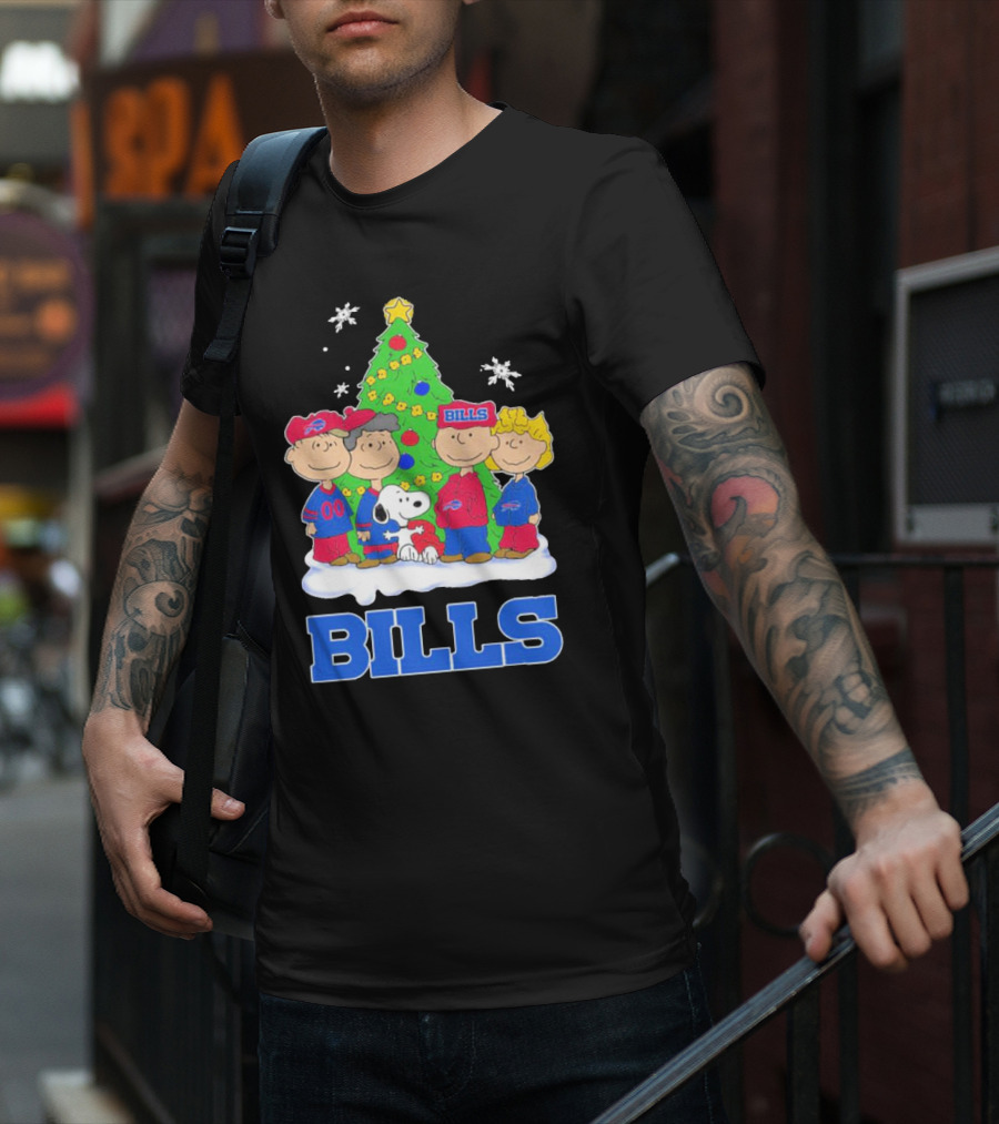 Peanuts Characters With Buffalo Bills Christmas Tree And Snowflakes T-Shirt