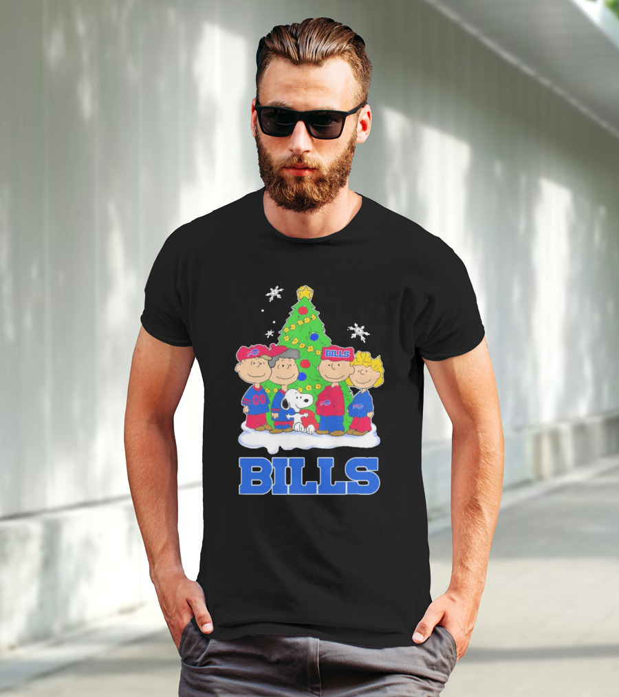 Peanuts Characters With Buffalo Bills Christmas Tree And Snowflakes T-Shirt