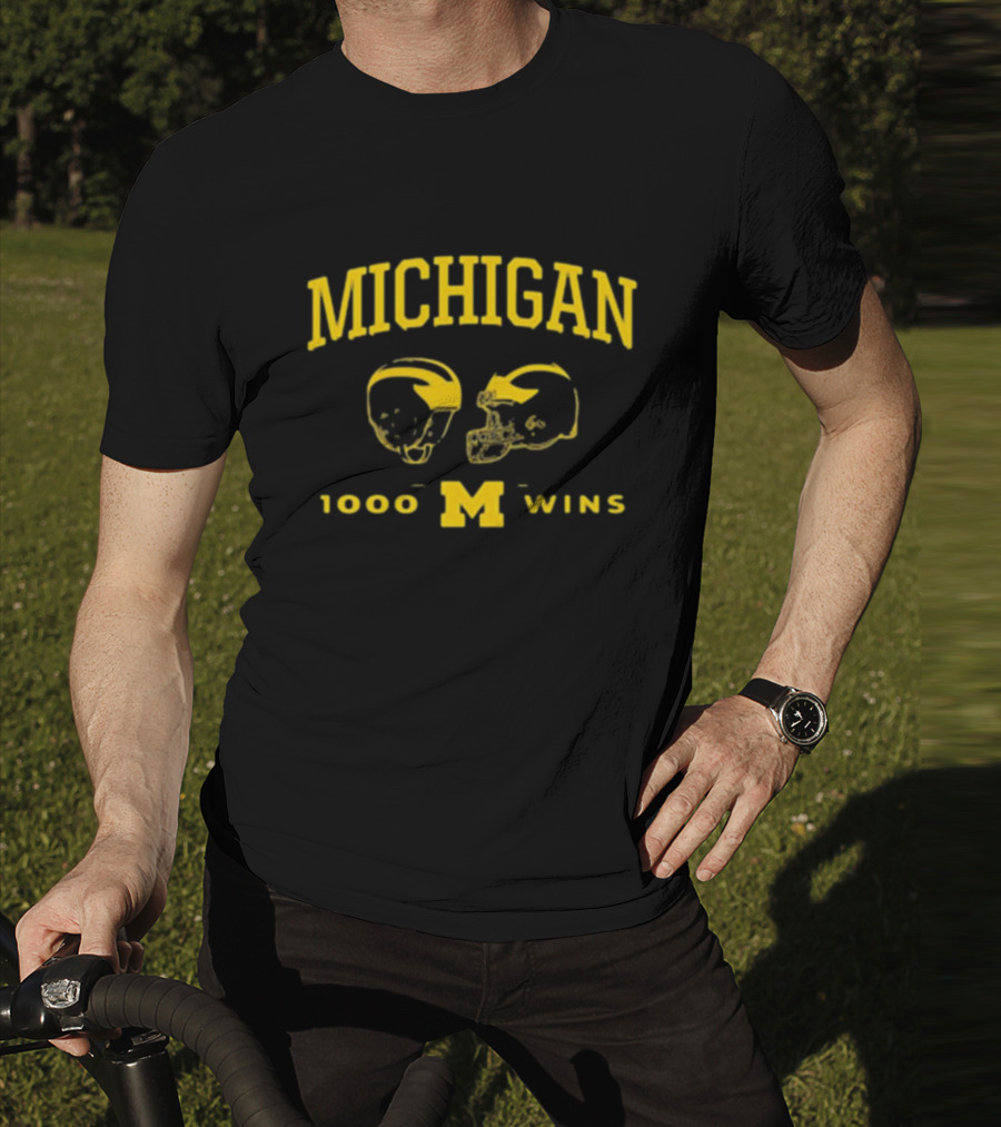 Michigan Wolverines Football 1000 Wins Celebration Dual Helmet T-Shirt