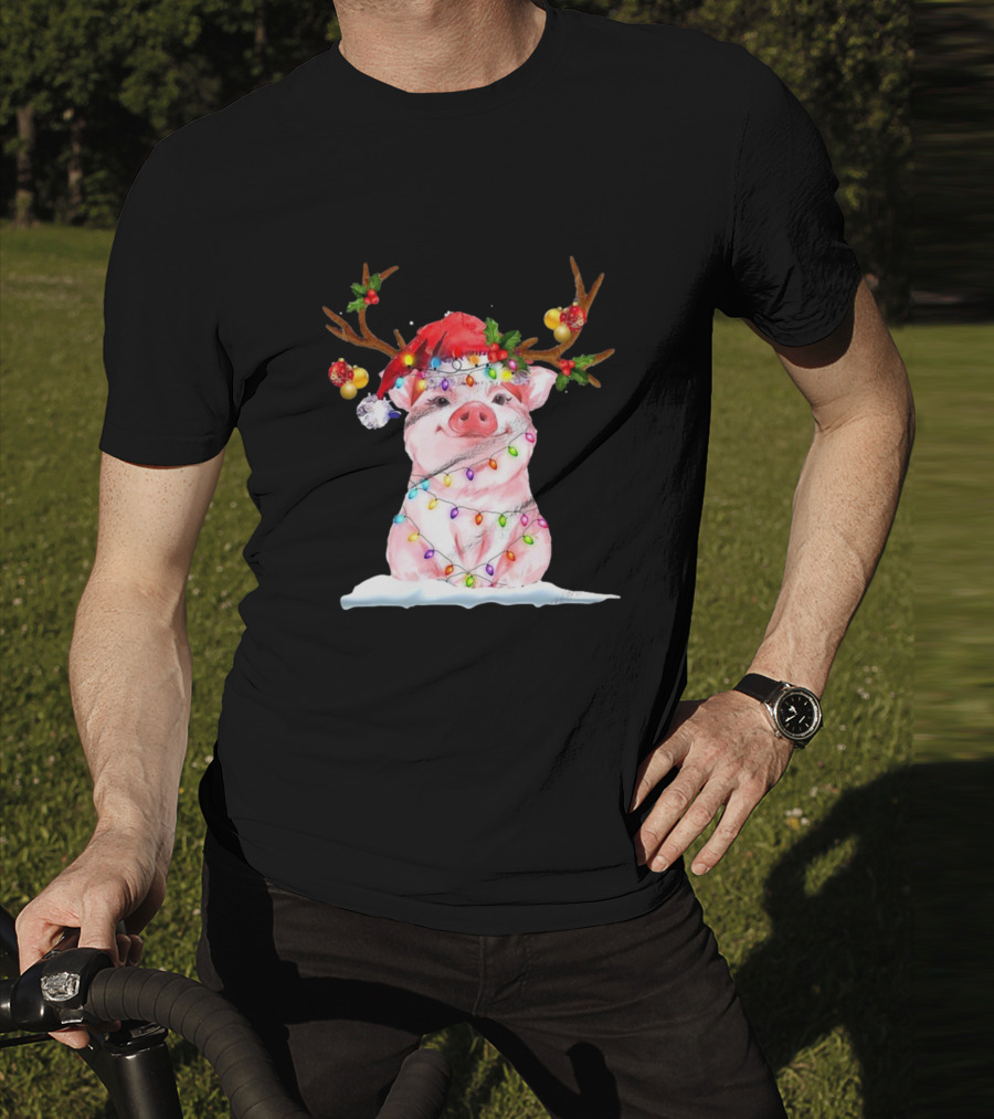 Pig Reindeer Antlers Santa Hat Christmas Lights T-Shirt