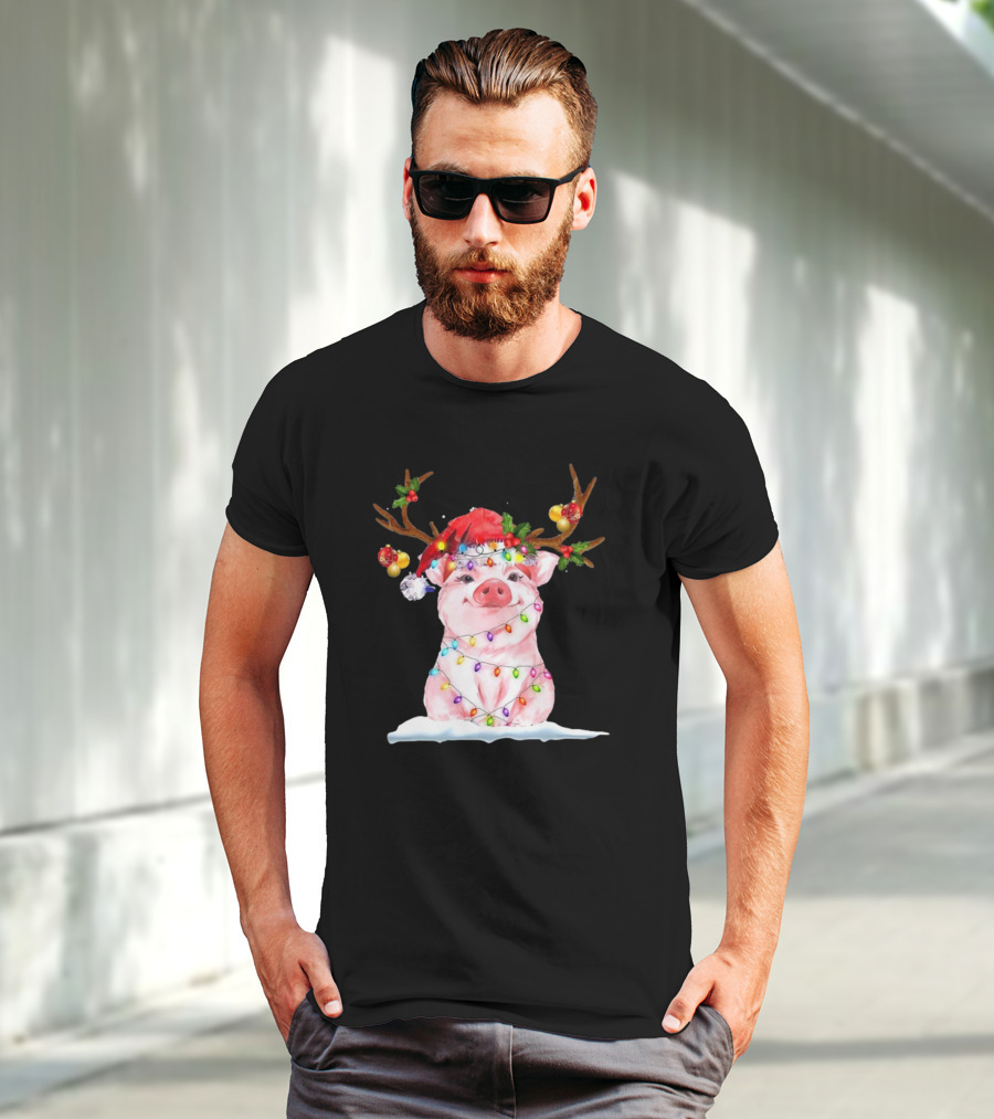 Pig Reindeer Antlers Santa Hat Christmas Lights T-Shirt