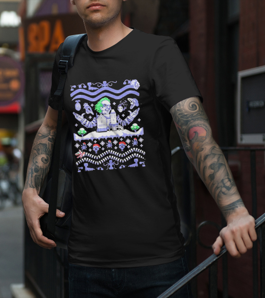 Christmas Beetlejuice Snowy House Scene And Ghostly Icons T-Shirt