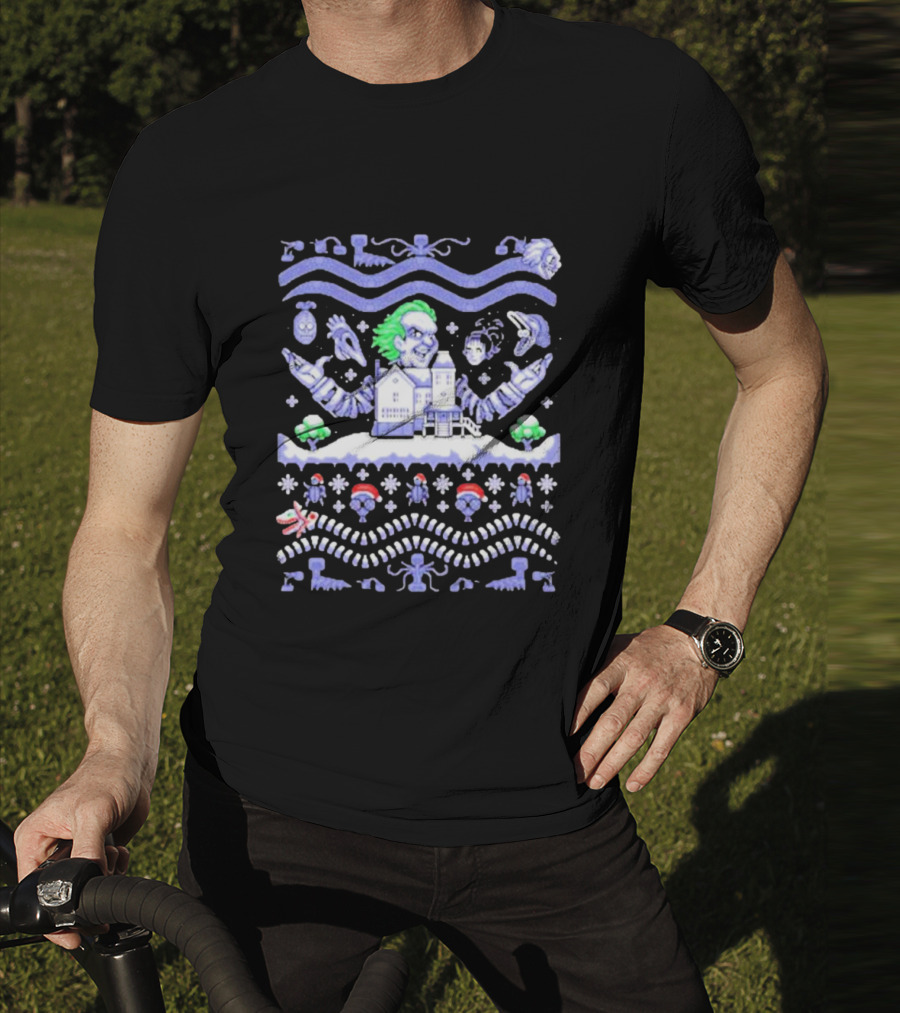Christmas Beetlejuice Snowy House Scene And Ghostly Icons T-Shirt
