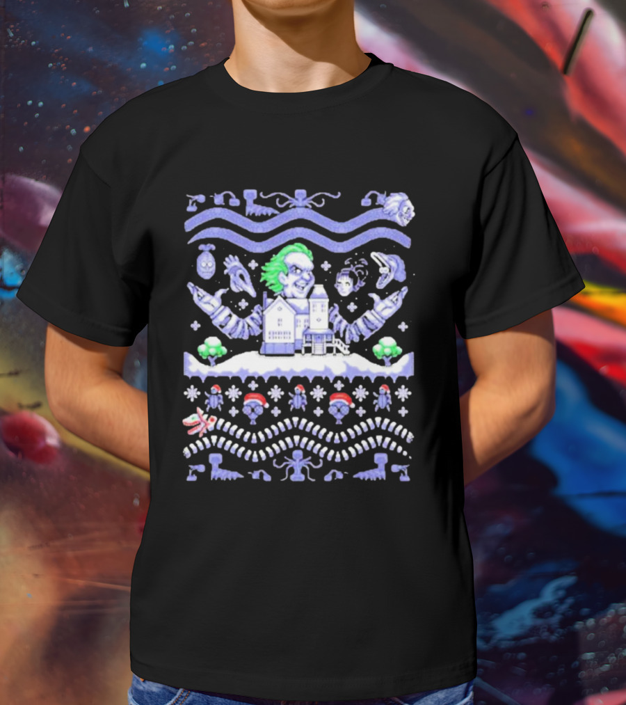 Christmas Beetlejuice Snowy House Scene And Ghostly Icons T-Shirt