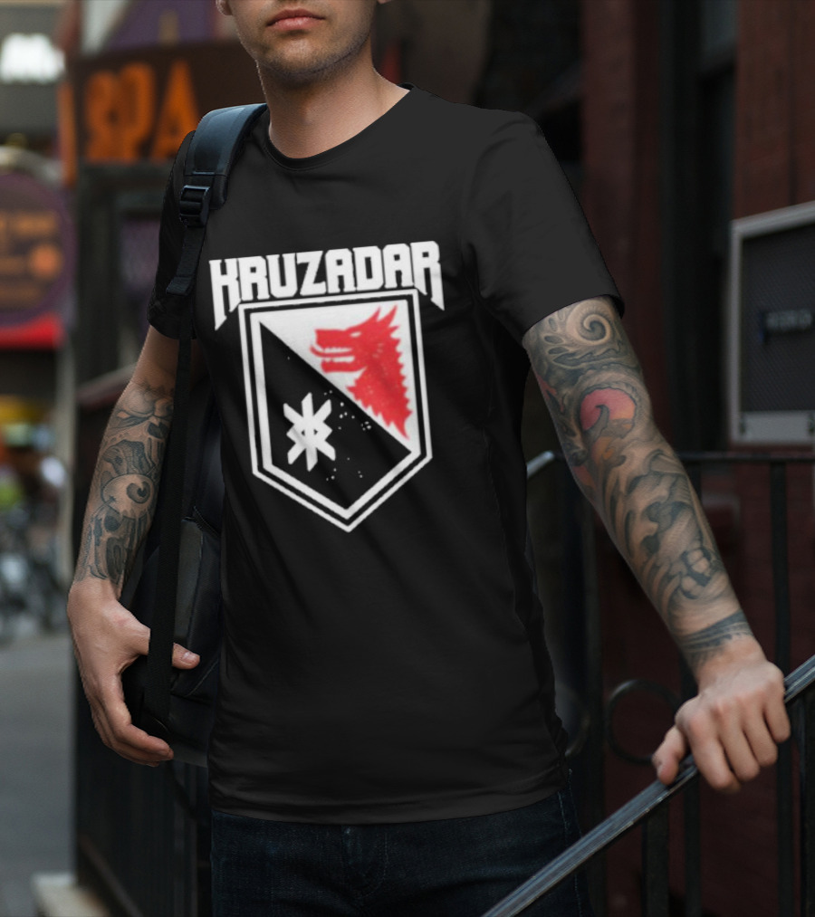 Kruzadar Shield With Red Wolf Emblem T-Shirt