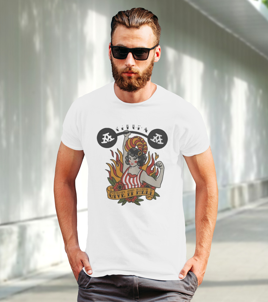 Get Up Give It Hell Retro Strongwoman Flames Barber Pole Haircurl Stripes Roses Boxing Gym Vintage T-Shirt