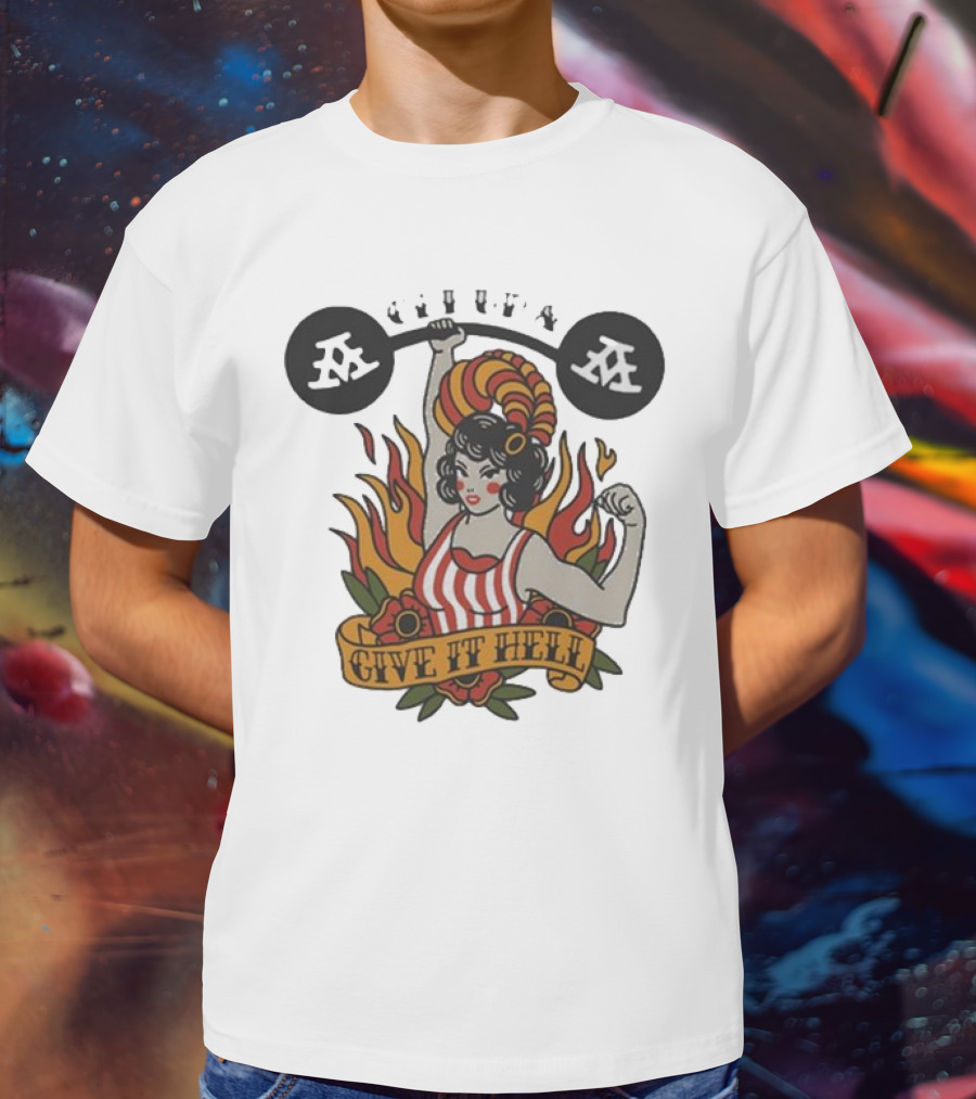 Get Up Give It Hell Retro Strongwoman Flames Barber Pole Haircurl Stripes Roses Boxing Gym Vintage T-Shirt