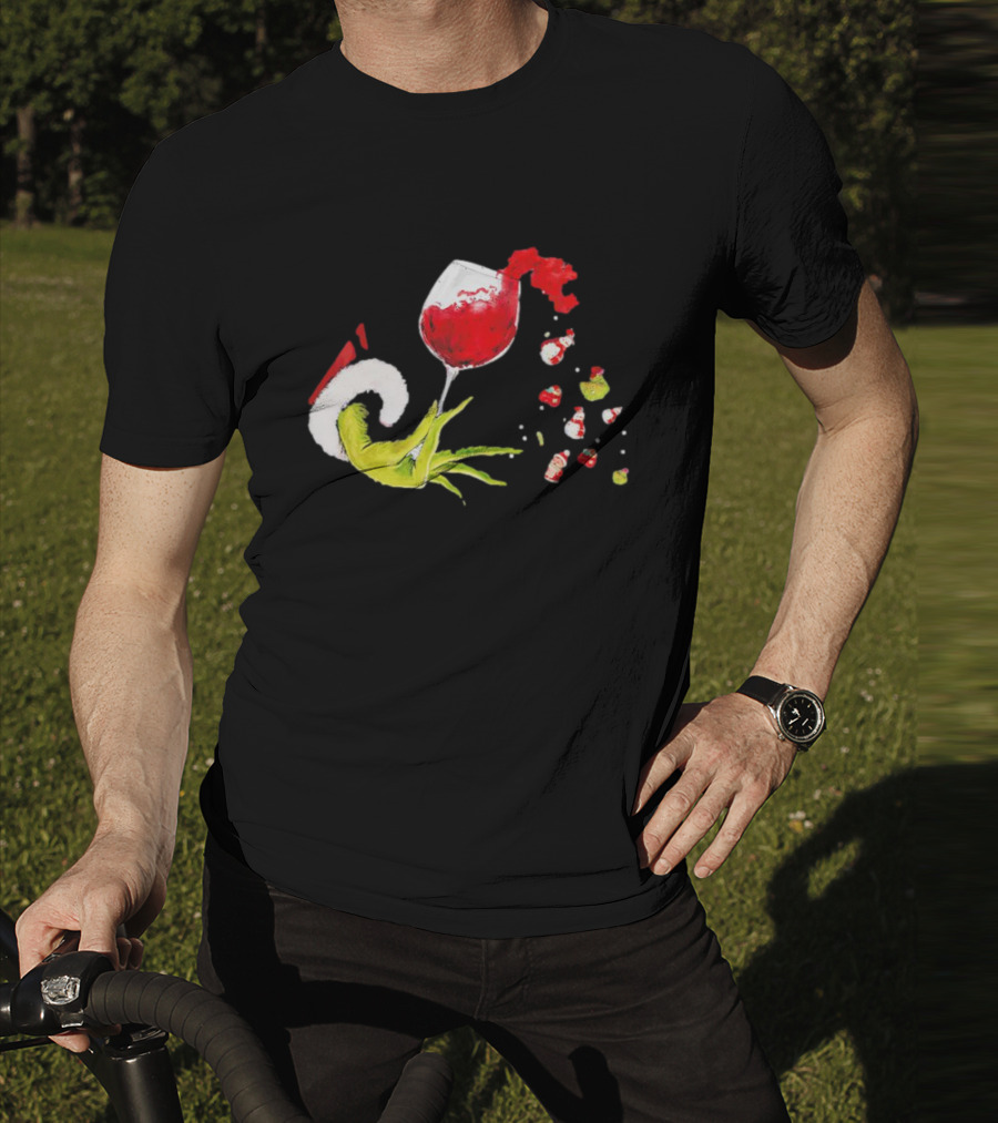 Grinch Hand Christmas Wine Glass Festive Holiday T-Shirt