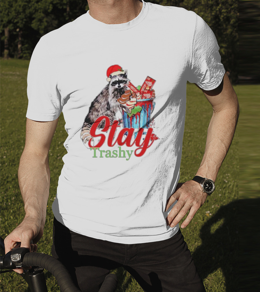 Stay Trashy Christmas Raccoon Xmas Lover With Santa Hat T-Shirt