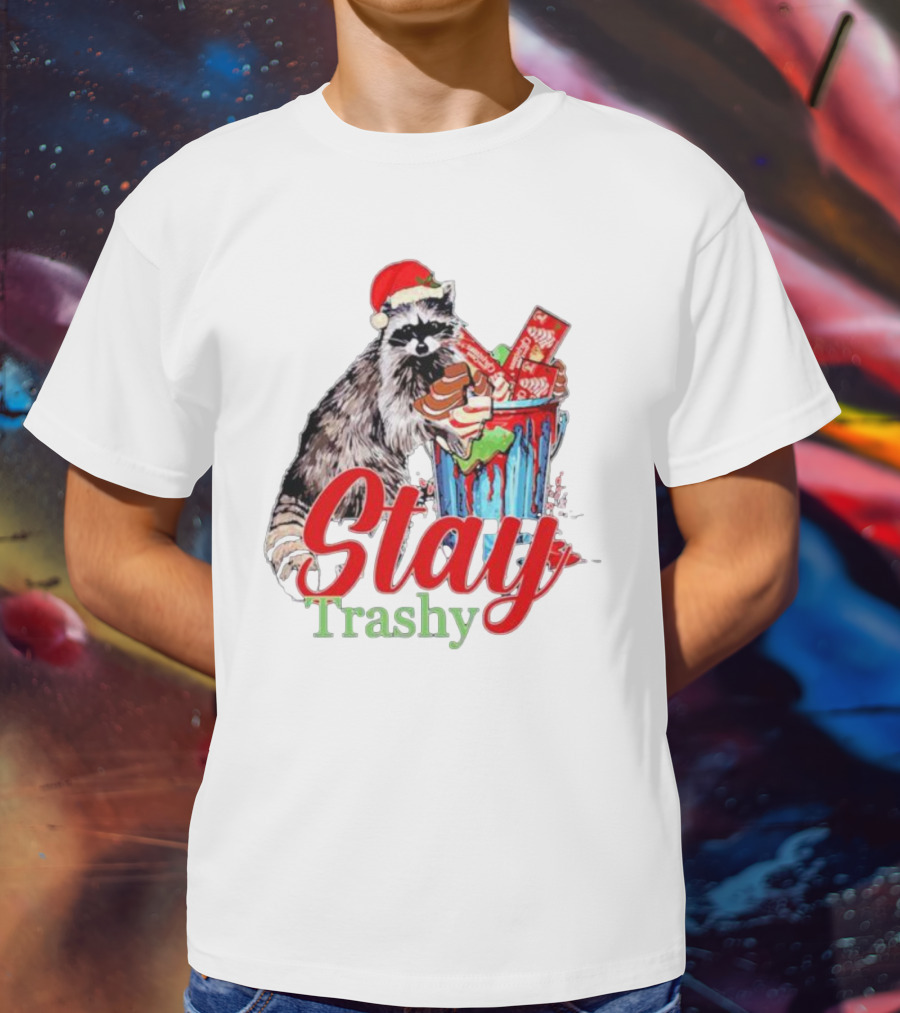 Stay Trashy Christmas Raccoon Xmas Lover With Santa Hat T-Shirt