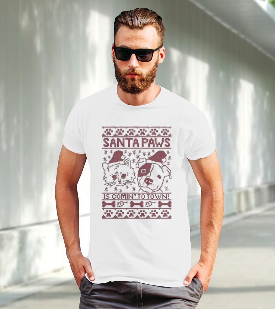 Santa Paws Cat And Dog Christmas Sweater Is Comin' To Town T-Shirt