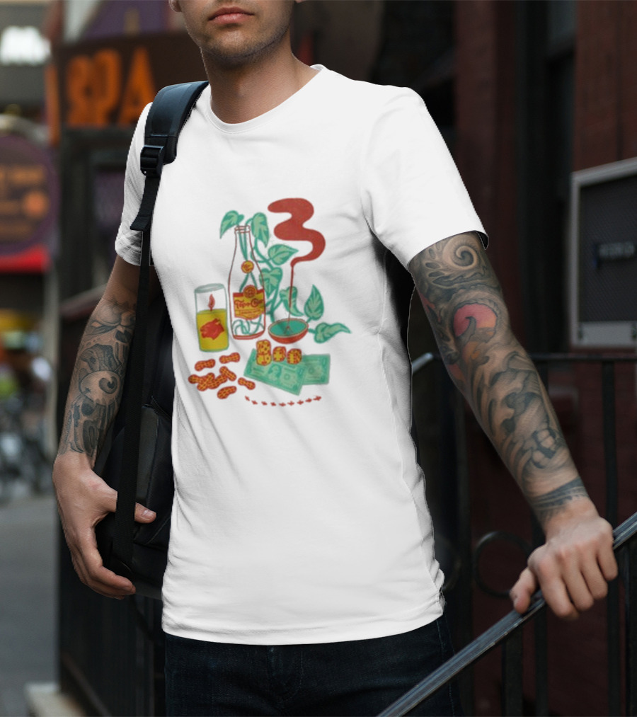 Quarenscene Natural Topo Chico Bottle With Dice, Peanuts, Dollar Bills, Glass, And Smoking Pipe Scene T-Shirt