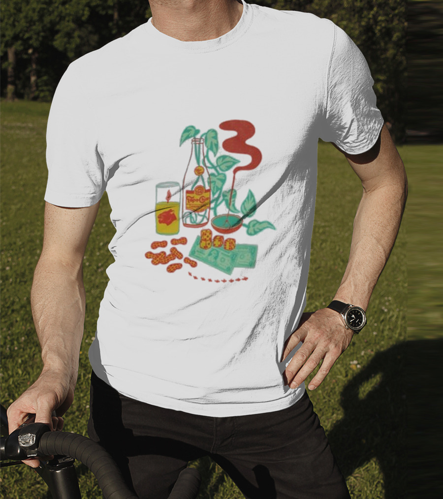 Quarenscene Natural Topo Chico Bottle With Dice, Peanuts, Dollar Bills, Glass, And Smoking Pipe Scene T-Shirt