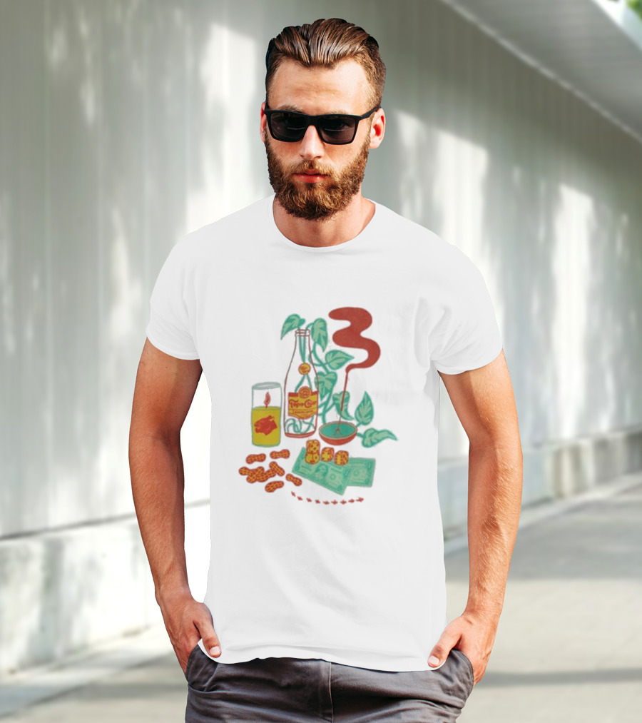 Quarenscene Natural Topo Chico Bottle With Dice, Peanuts, Dollar Bills, Glass, And Smoking Pipe Scene T-Shirt