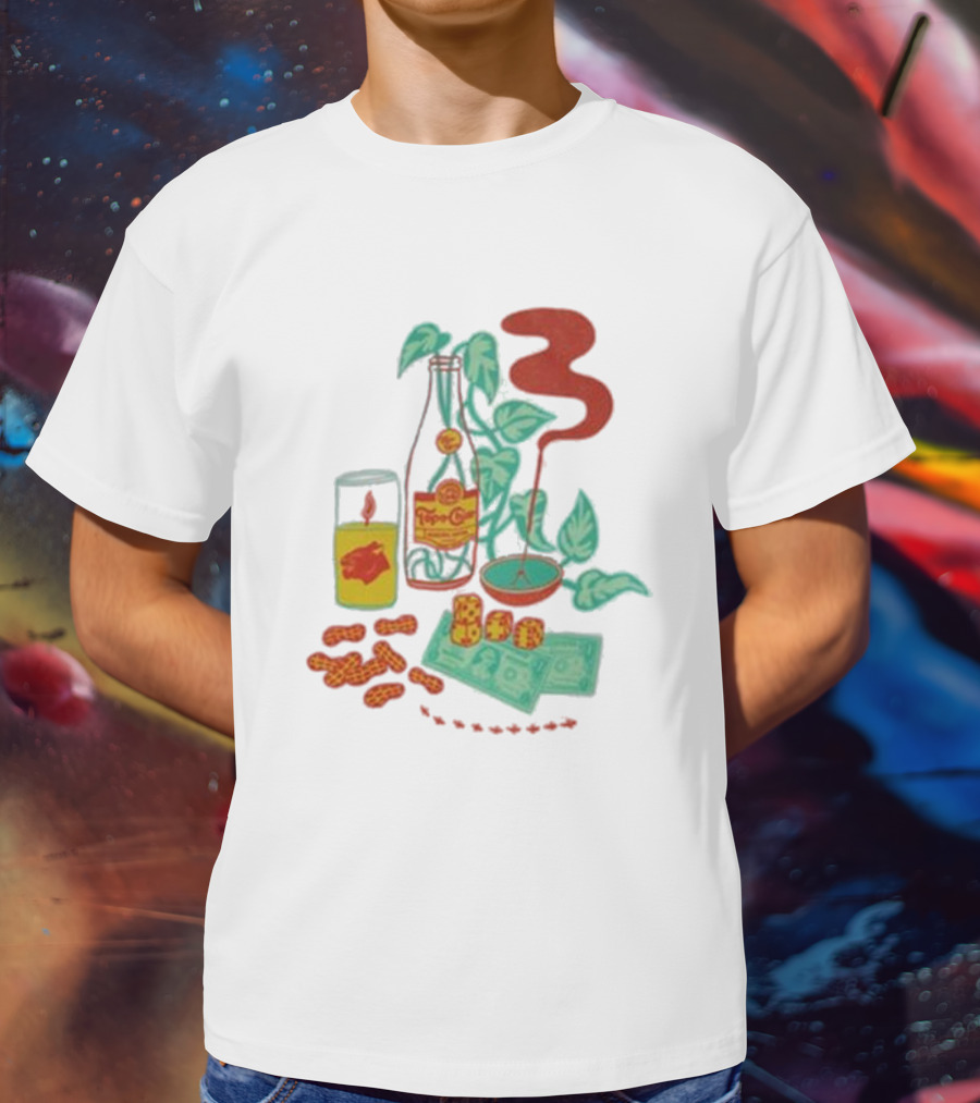 Quarenscene Natural Topo Chico Bottle With Dice, Peanuts, Dollar Bills, Glass, And Smoking Pipe Scene T-Shirt