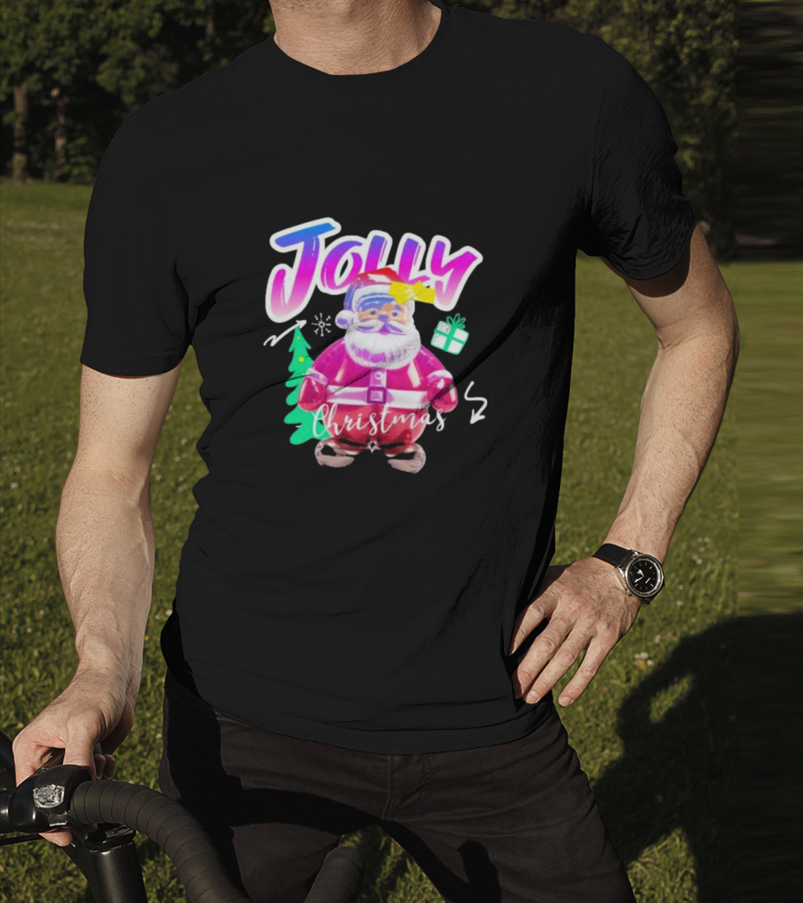 Jolly Merry Christmas Santa Balloon With Gift And Christmas Tree T-Shirt