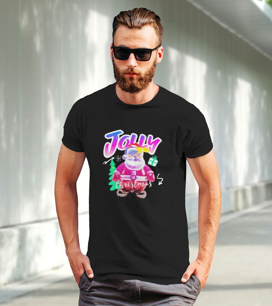 Jolly Merry Christmas Santa Balloon With Gift And Christmas Tree T-Shirt
