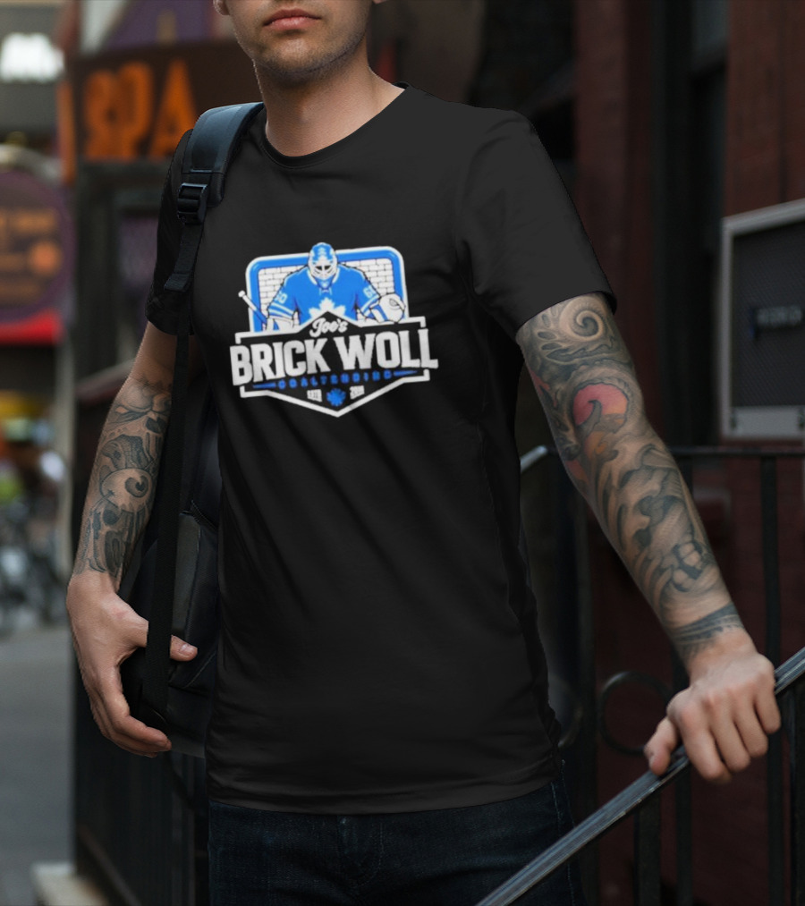 Joe's Brick Woll Goaltending Hockey Maple Leafs 60 Blue Goalie Blocking Net T-Shirt