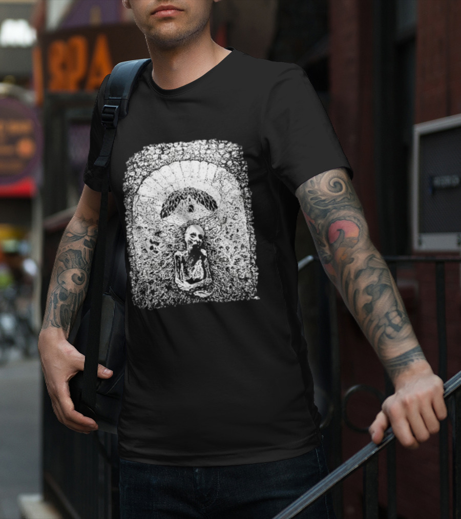 Mortiferum Cave Dweller Skeleton In Gothic Archway T-Shirt