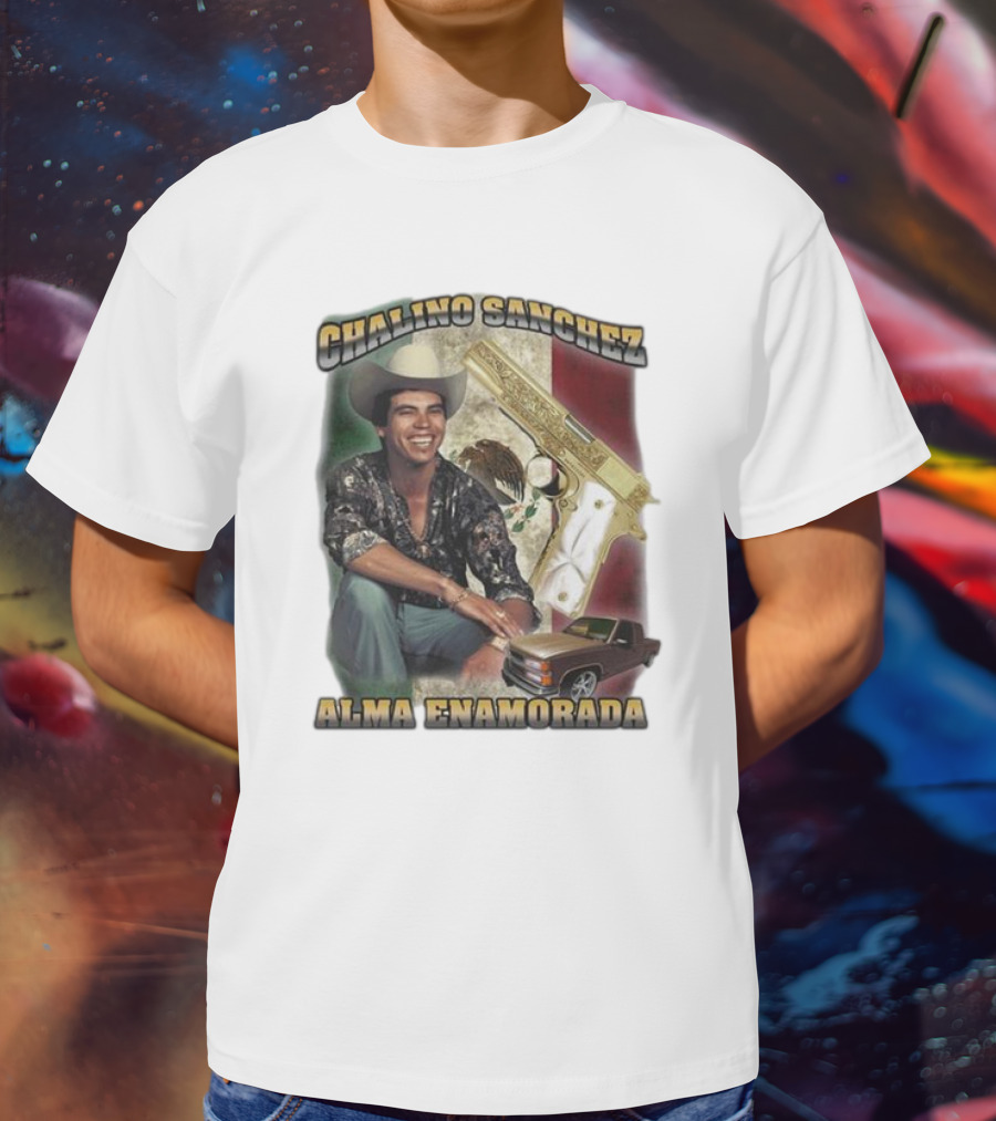 Chalino Sanchez Alma Enamorada Mexican Flag Gold Gun Pickup Truck T-Shirt