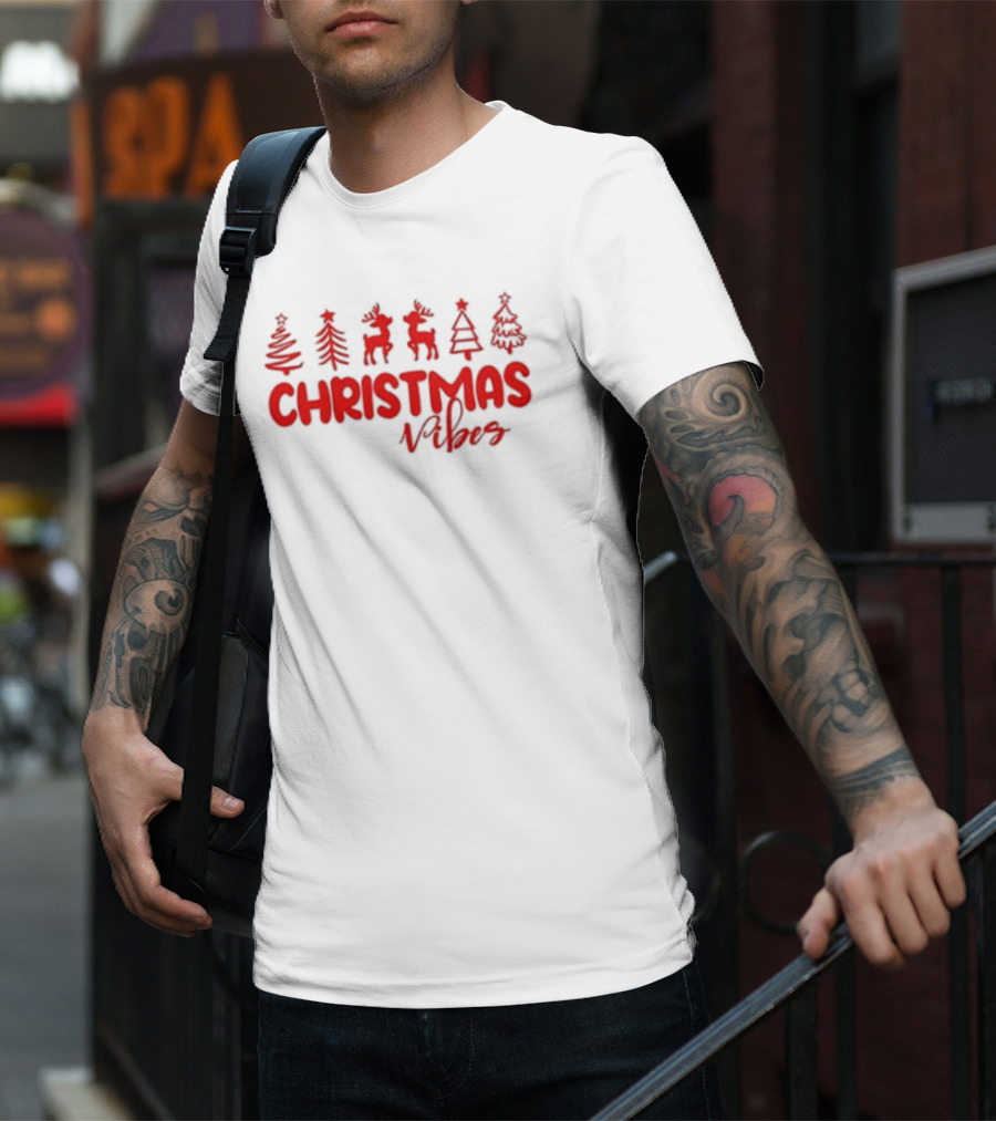 Christmas Vibes Festive Trees And Reindeer T-Shirt