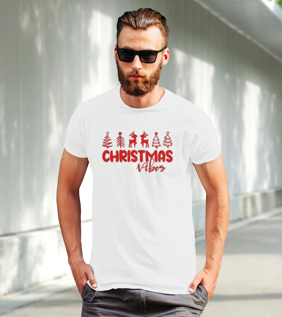 Christmas Vibes Festive Trees And Reindeer T-Shirt