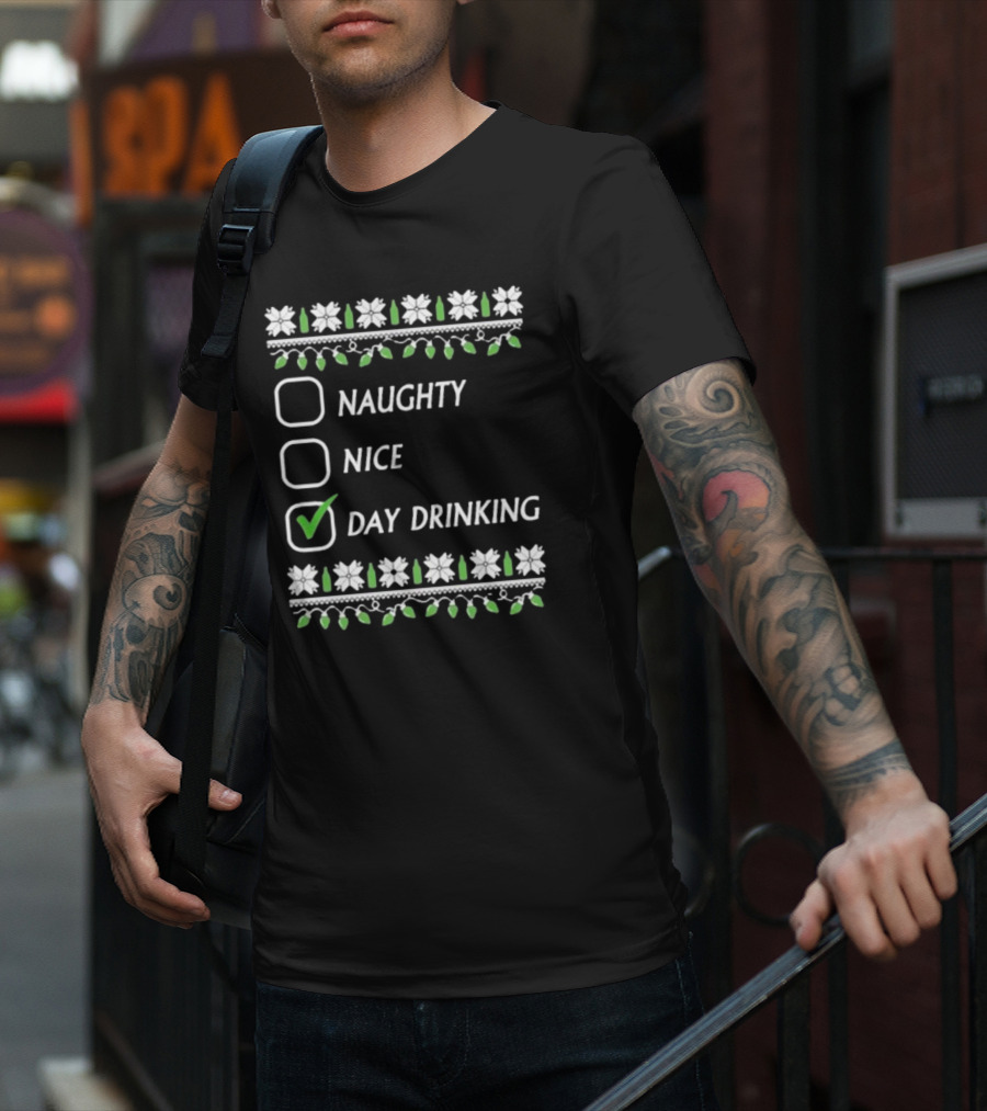 Naughty Nice Day Drinking Christmas Floral Checklist T-Shirt