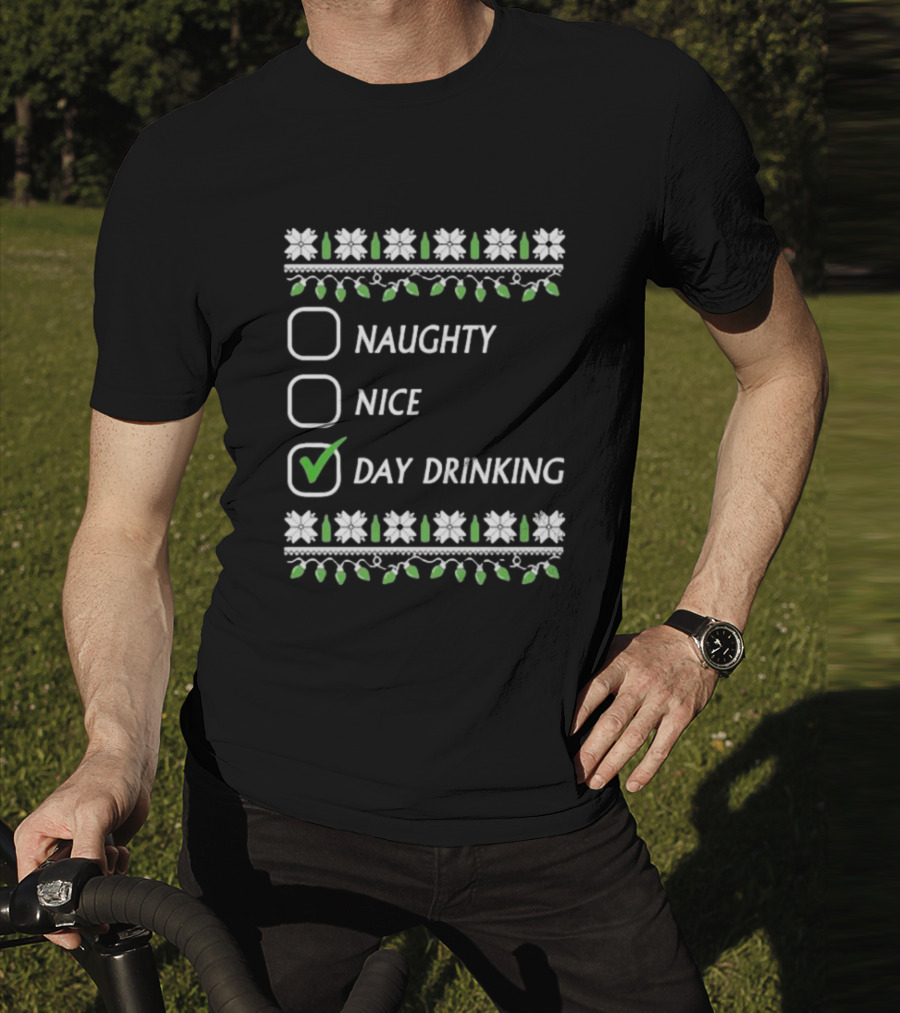 Naughty Nice Day Drinking Christmas Floral Checklist T-Shirt