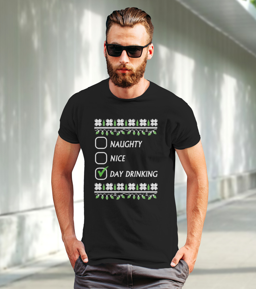 Naughty Nice Day Drinking Christmas Floral Checklist T-Shirt