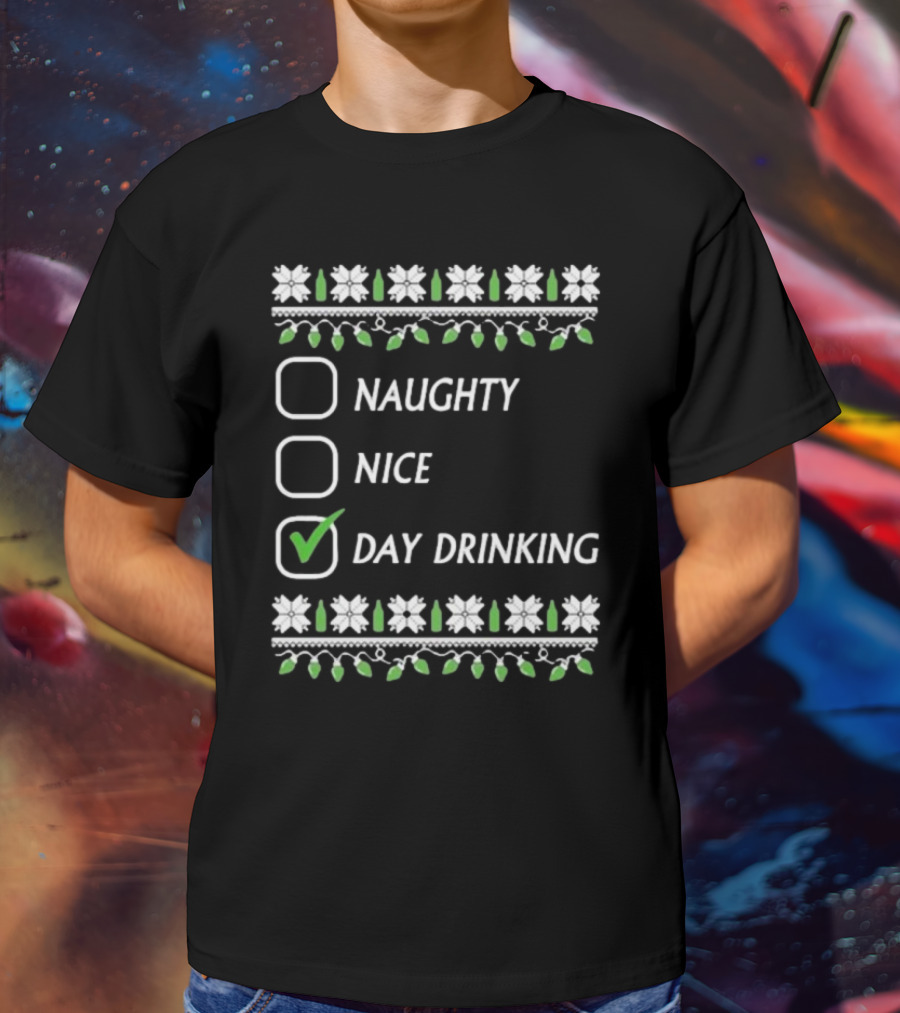 Naughty Nice Day Drinking Christmas Floral Checklist T-Shirt