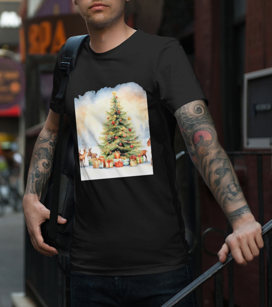 Watercolor Christmas Tree With Reindeer And Presents Scene T-Shirt