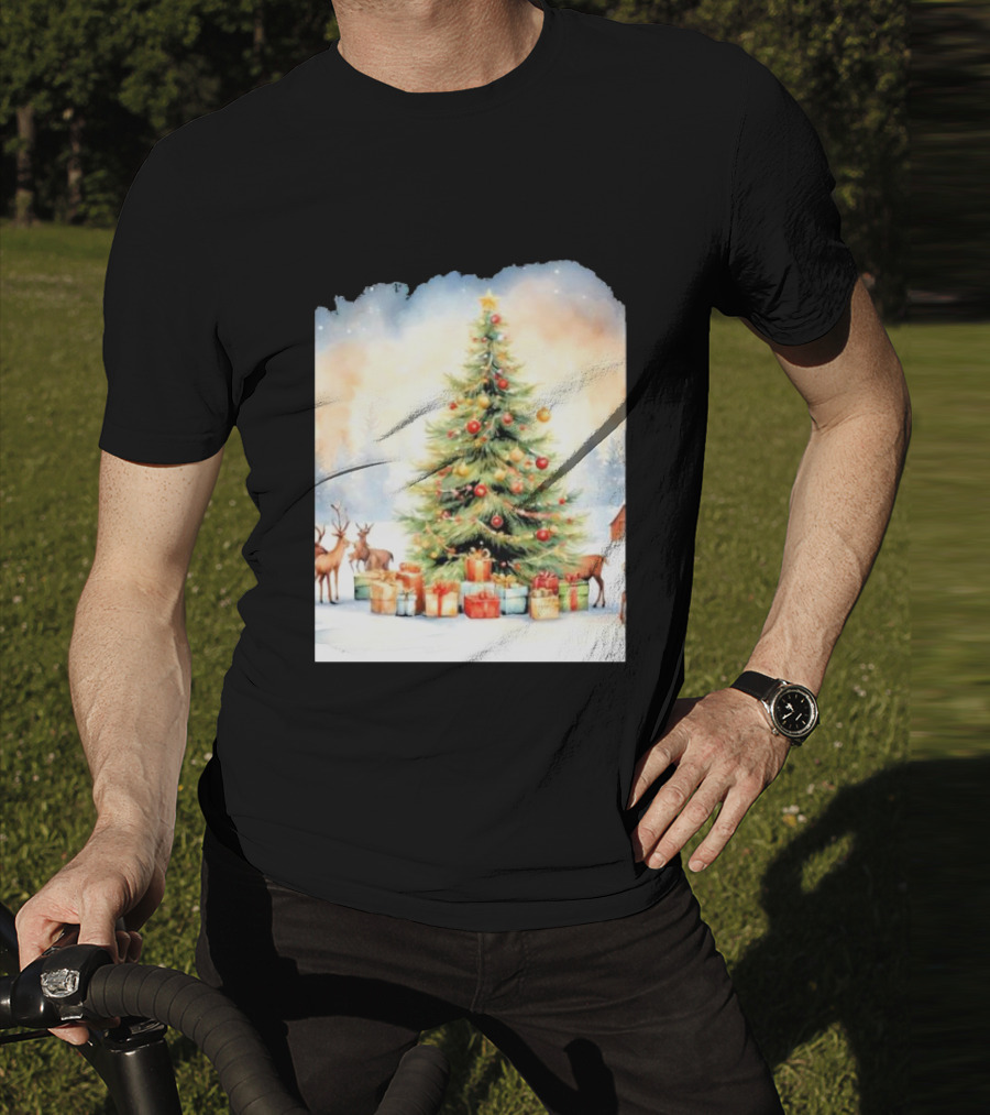 Watercolor Christmas Tree With Reindeer And Presents Scene T-Shirt