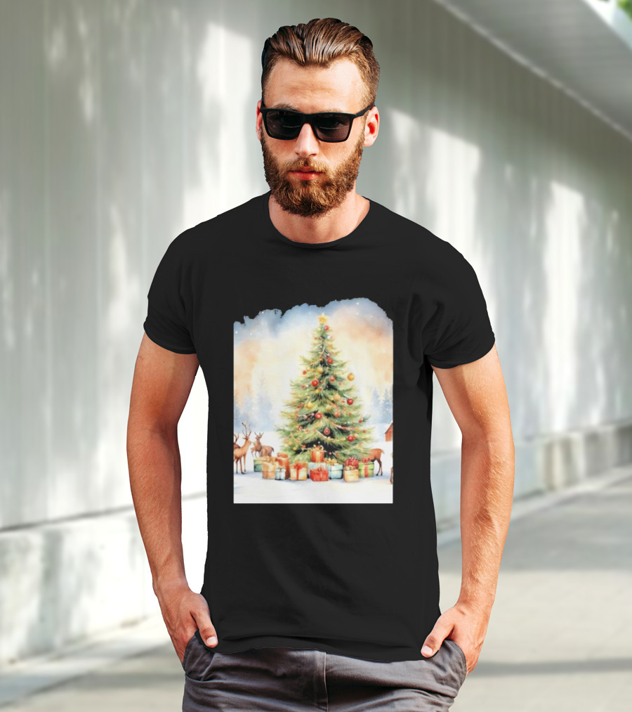 Watercolor Christmas Tree With Reindeer And Presents Scene T-Shirt