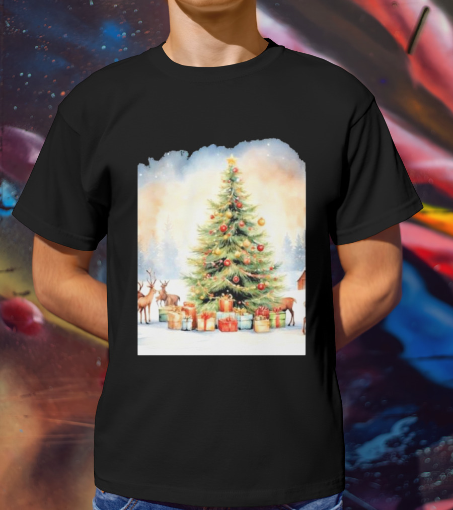 Watercolor Christmas Tree With Reindeer And Presents Scene T-Shirt